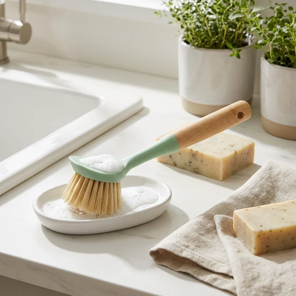 Bamboo Long Handled Dish Brush With Scraper - Sage - Image 2