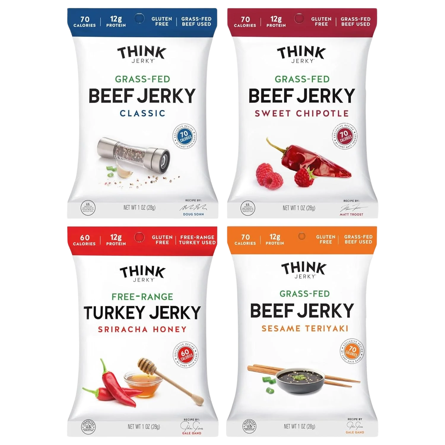 Beef and Turkey Jerky Variety, Original, Sweet Chipotle, Sriracha Honey (4 CT)
