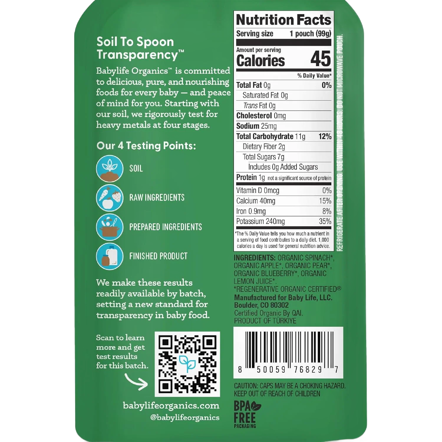 Spinach, Apple, Pear, Blueberry Baby Food Pouches (6 CT) - Image 5